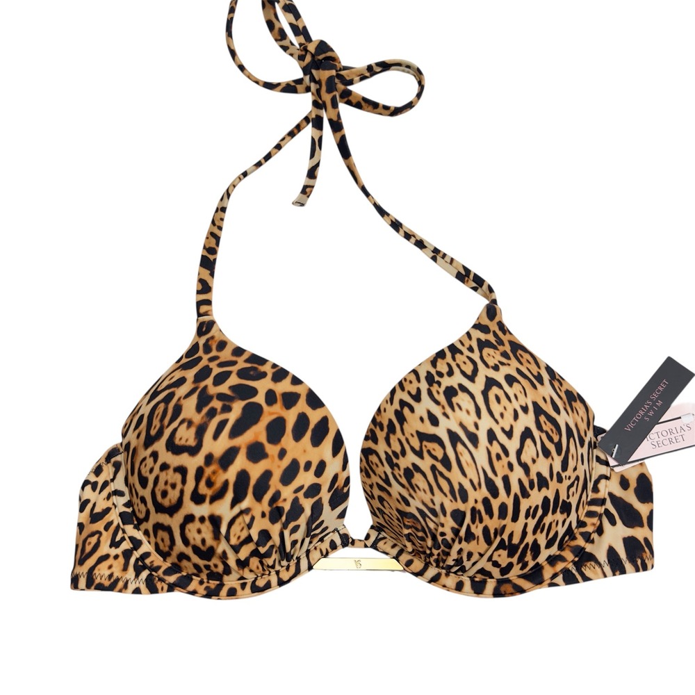 NEW VS Bombshell‎ Leopard Print Push Up Halter Bikini Top Gold Hardware 34A